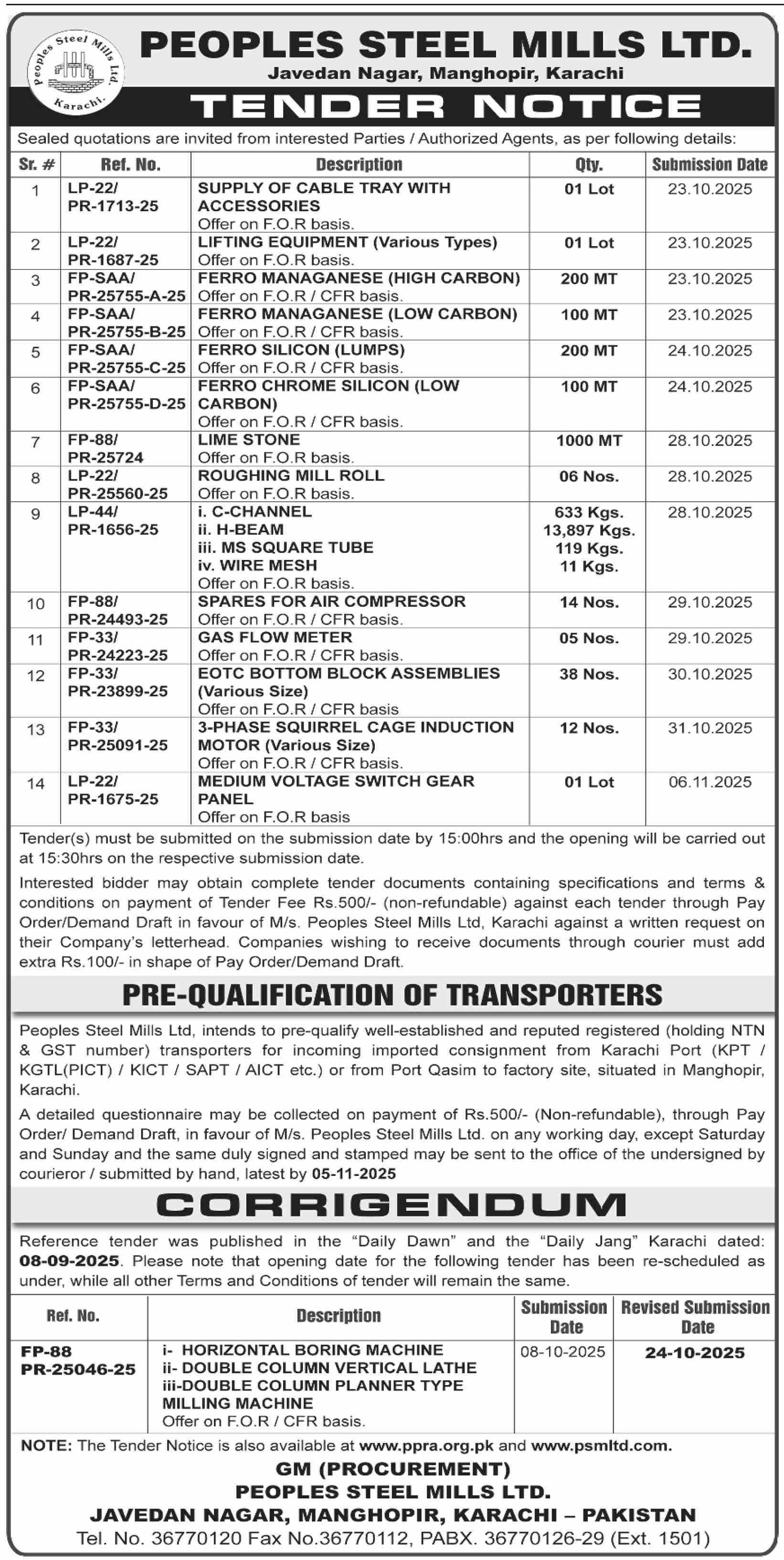 Peoples Steel Mills Limited Karachi Tender Notice